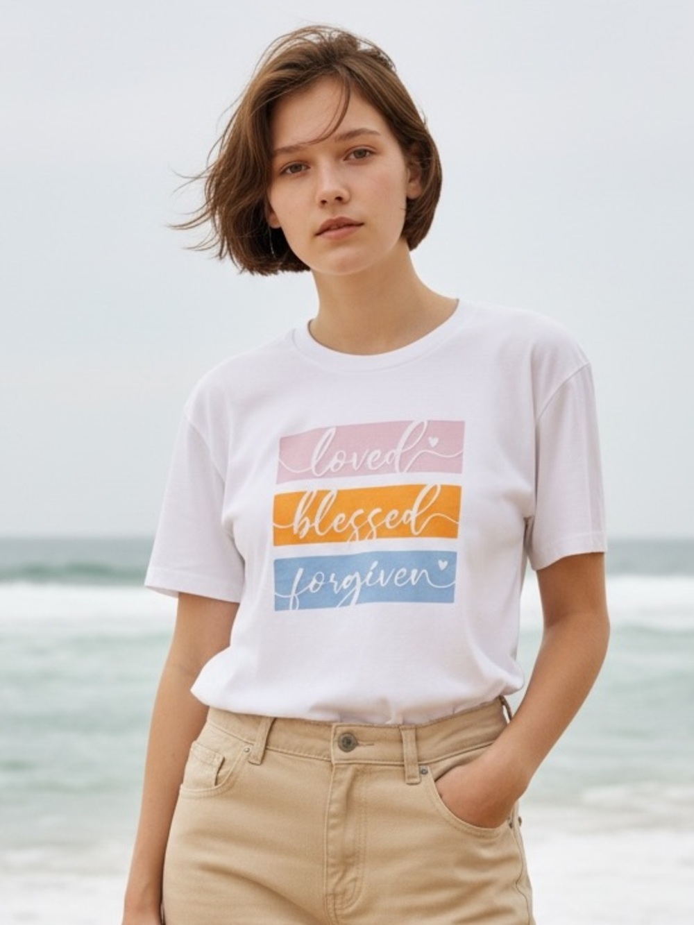 89th & Madison White Tee with Pink, Orange & Blue Graphic